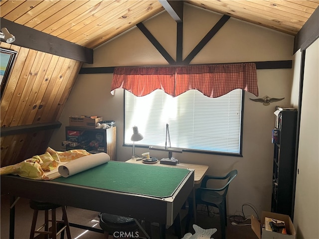 game room featuring wooden ceiling and lofted ceiling