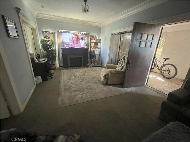 carpeted living room featuring a fireplace and crown molding