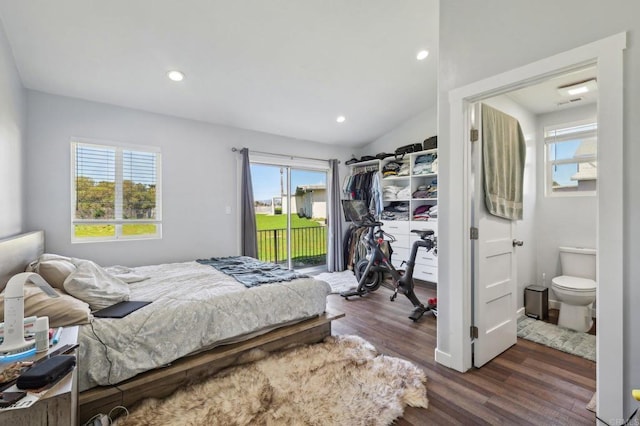 bedroom with lofted ceiling, access to outside, recessed lighting, and dark wood-style flooring