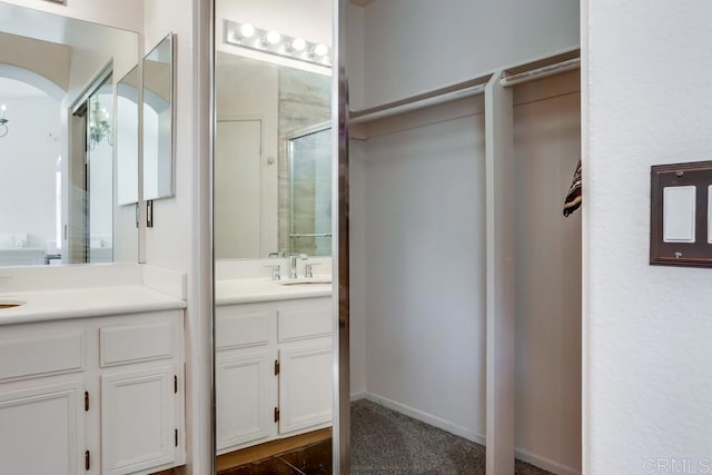 full bathroom featuring vanity and a shower with door