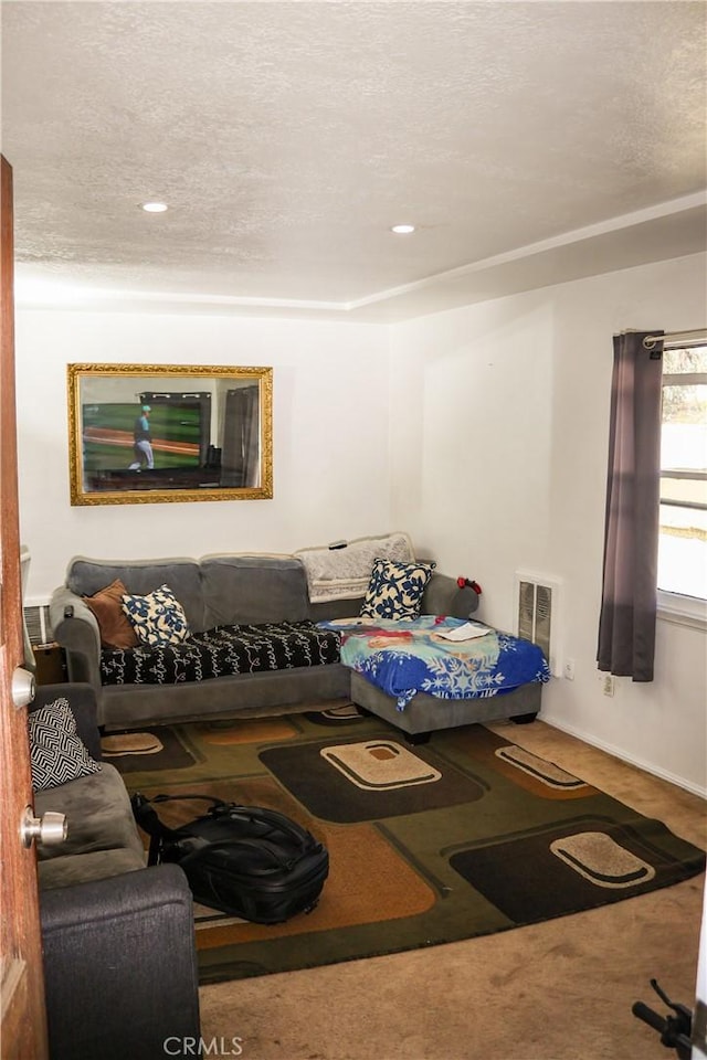 living room with visible vents and a textured ceiling