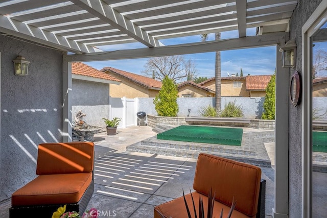 view of patio / terrace featuring area for grilling, a fenced backyard, and a pergola