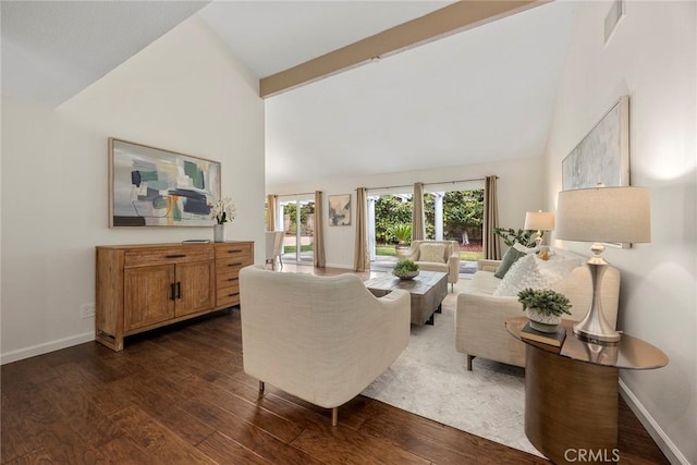 living room with beamed ceiling, baseboards, high vaulted ceiling, and dark wood finished floors