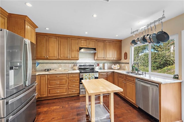 kitchen with under cabinet range hood, stainless steel appliances, dark wood-type flooring, and a sink