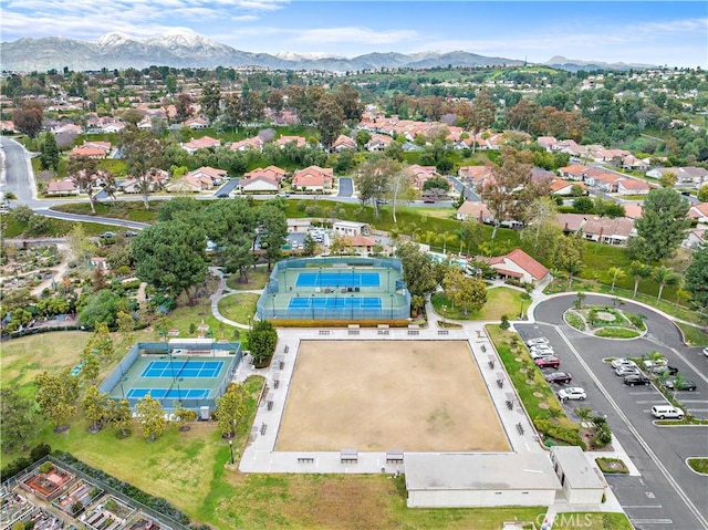 aerial view featuring a mountain view and a residential view