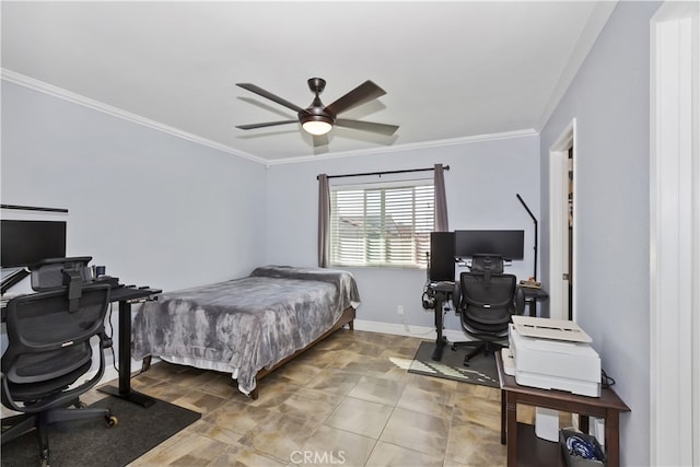 bedroom featuring baseboards, ceiling fan, and crown molding