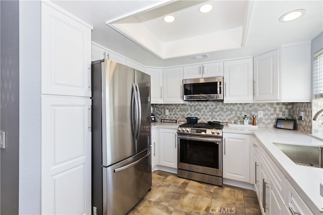 kitchen with a sink, a raised ceiling, backsplash, and appliances with stainless steel finishes