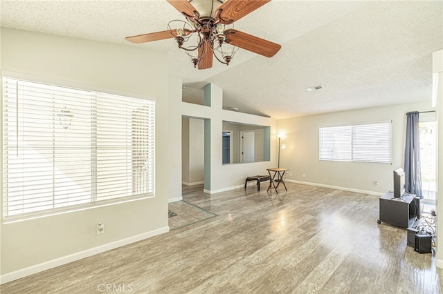 living room with baseboards, a textured ceiling, wood finished floors, and vaulted ceiling