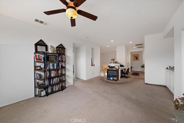 interior space with recessed lighting, visible vents, a ceiling fan, and carpet flooring