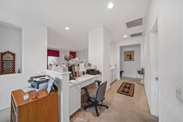 home office featuring recessed lighting, visible vents, and light carpet