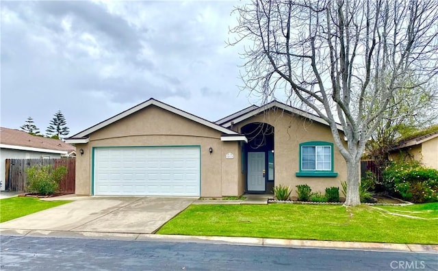 single story home featuring a front yard, fence, driveway, and stucco siding