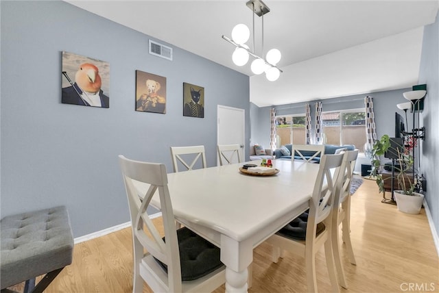 dining room with visible vents, light wood-style flooring, and baseboards