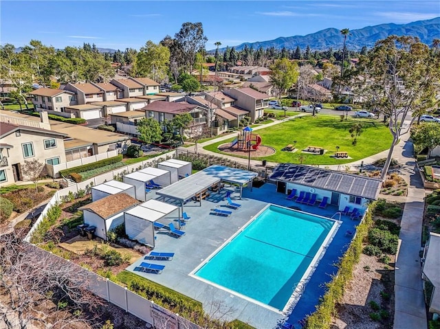 aerial view featuring a residential view and a mountain view