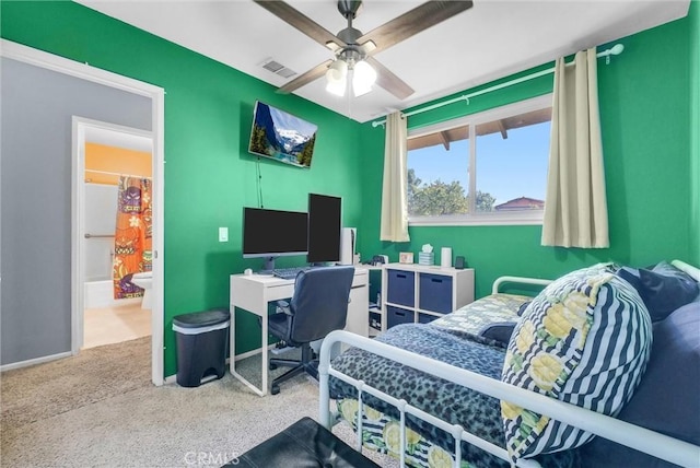 carpeted bedroom featuring visible vents and ceiling fan