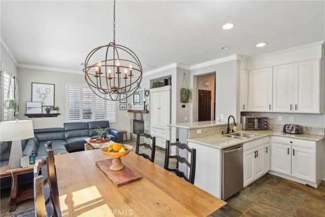 33971 Lily Rd, Yucaipa, CA 92399 - dining area with crown molding, a chandelier, and recessed lighting
