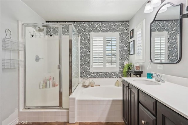 33971 Lily Rd, Yucaipa, CA 92399 - bathroom featuring a shower stall, a bath, and vanity