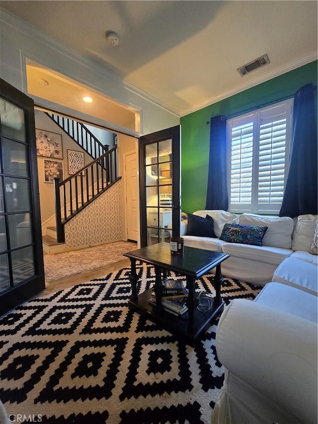 33971 Lily Rd, Yucaipa, CA 92399 - living room featuring ornamental molding, stairway, and carpet