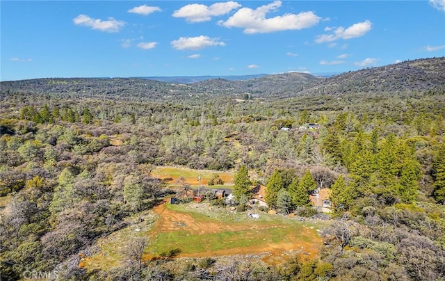 drone / aerial view featuring a mountain view and a wooded view