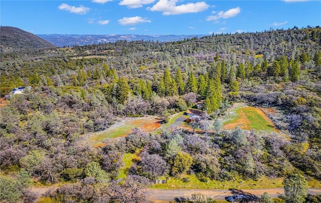 aerial view with a mountain view and a view of trees