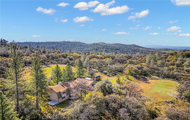 birds eye view of property featuring a mountain view and a wooded view