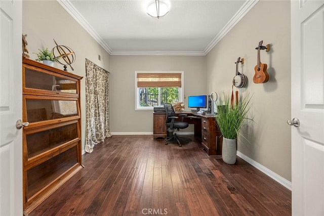 office area with baseboards, ornamental molding, and dark wood-style flooring