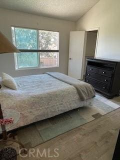 bedroom with vaulted ceiling and a textured ceiling