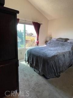 bedroom with carpet and vaulted ceiling