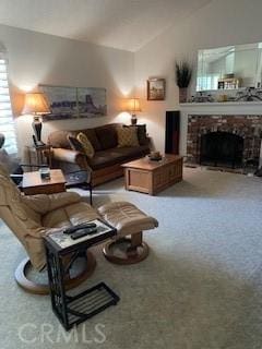 carpeted living room with a fireplace and vaulted ceiling