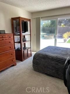 bedroom with multiple windows, a textured ceiling, and light carpet