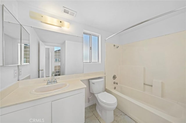 bathroom with tile patterned floors, visible vents, toilet, shower / washtub combination, and vanity