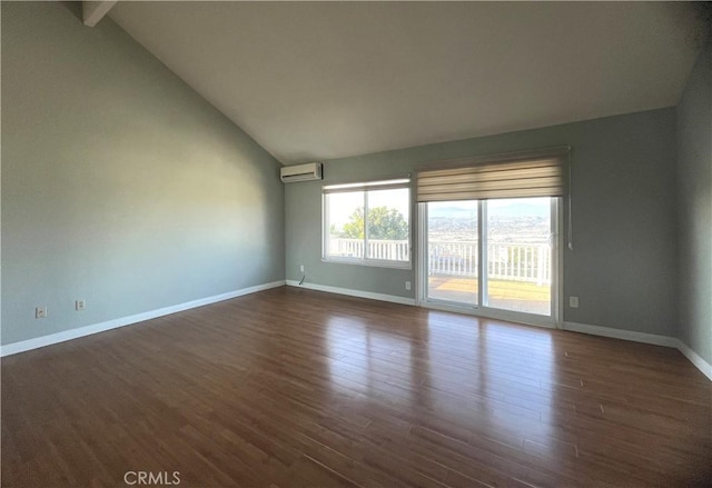 unfurnished room featuring high vaulted ceiling, an AC wall unit, baseboards, and dark wood-style flooring