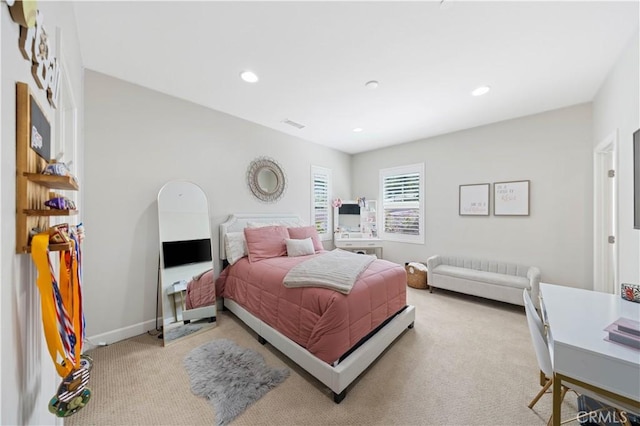 carpeted bedroom with recessed lighting and baseboards