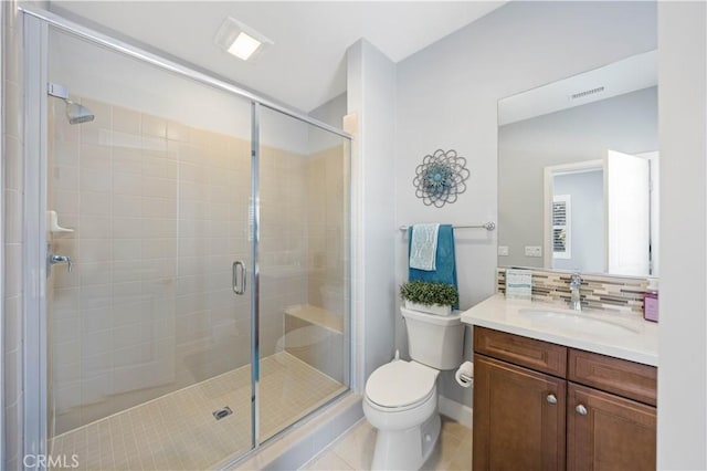 full bath with visible vents, a stall shower, tile patterned flooring, toilet, and tasteful backsplash