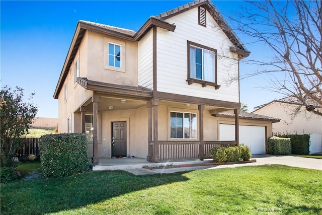 view of front facade featuring stucco siding, a front lawn, a porch, fence, and concrete driveway