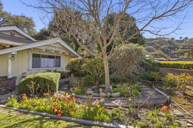 view of yard featuring a mountain view and fence