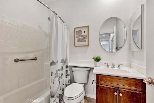 full bathroom with shower / bath combo with shower curtain, toilet, and vanity