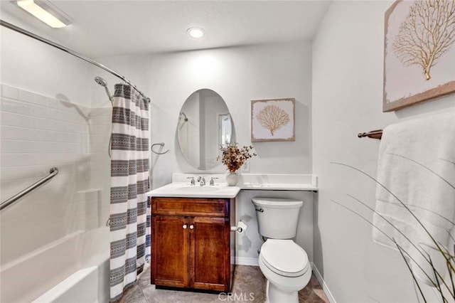 bathroom featuring vanity, shower / bath combination with curtain, toilet, and baseboards