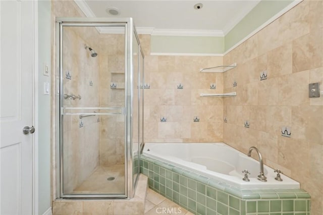 full bathroom featuring a stall shower, tile patterned flooring, crown molding, a bath, and tile walls