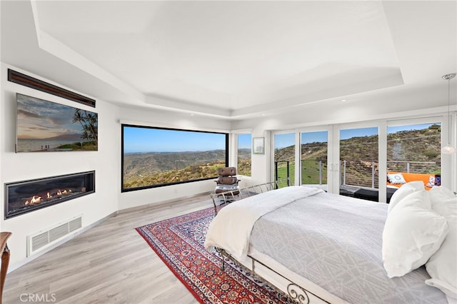 bedroom with a glass covered fireplace, visible vents, a raised ceiling, and wood finished floors