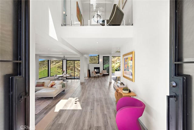 entrance foyer featuring a towering ceiling, wood finished floors, and a fireplace