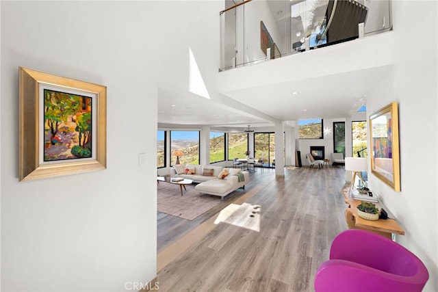 living area with wood finished floors, a fireplace, and a towering ceiling