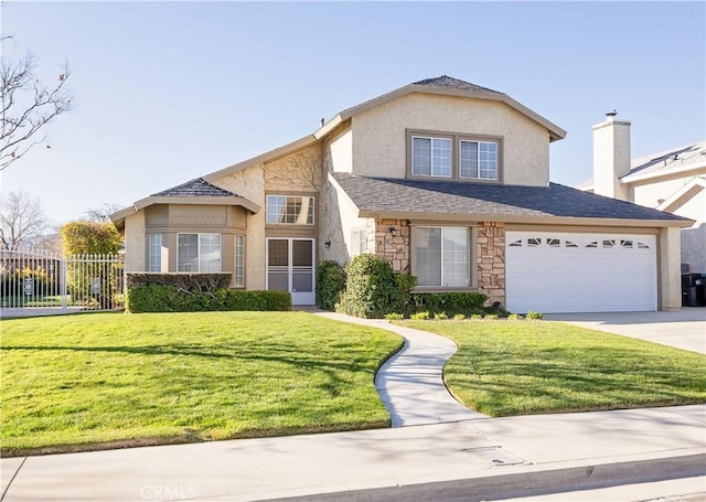 traditional-style house featuring a front lawn, fence, concrete driveway, stucco siding, and stone siding