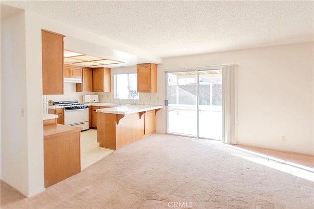 kitchen featuring under cabinet range hood, light carpet, white range with gas cooktop, a peninsula, and a textured ceiling