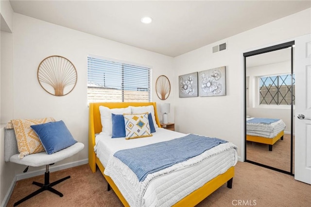 bedroom with visible vents, recessed lighting, baseboards, and carpet floors