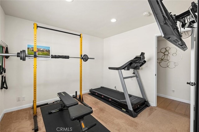 workout area with recessed lighting, baseboards, and carpet flooring