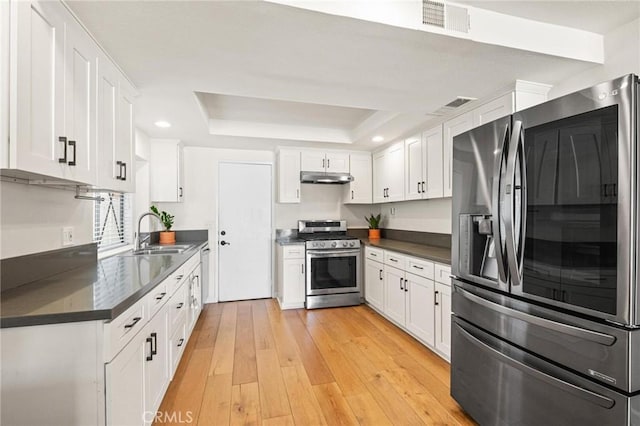 kitchen with a sink, under cabinet range hood, dark countertops, appliances with stainless steel finishes, and a raised ceiling