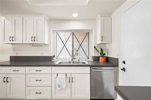 kitchen with a sink, dark countertops, dishwasher, and white cabinets