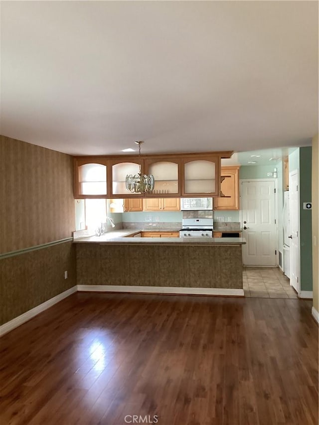 kitchen featuring a sink, white appliances, a peninsula, and wood finished floors