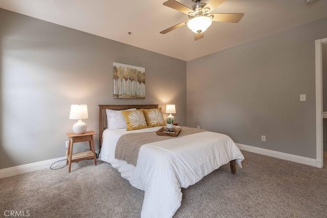 bedroom featuring a ceiling fan, baseboards, and carpet floors