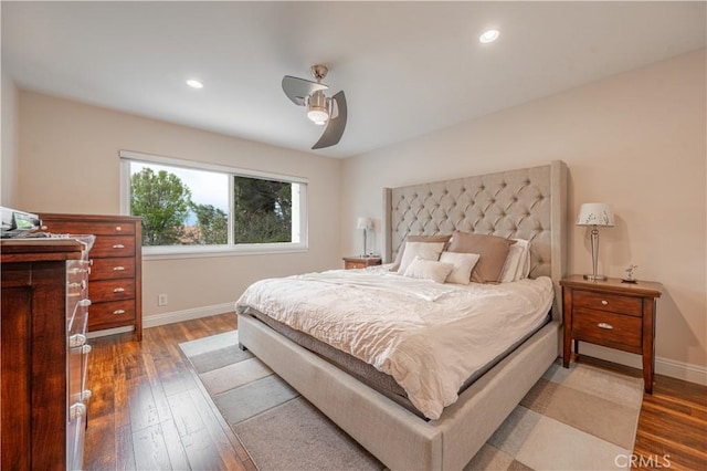 bedroom featuring recessed lighting, a ceiling fan, baseboards, and wood finished floors